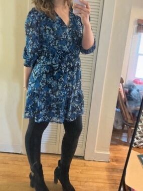 Aqua Blue/Black Floral Print Ruffled Tiered Modest Mini Dress Size XL
